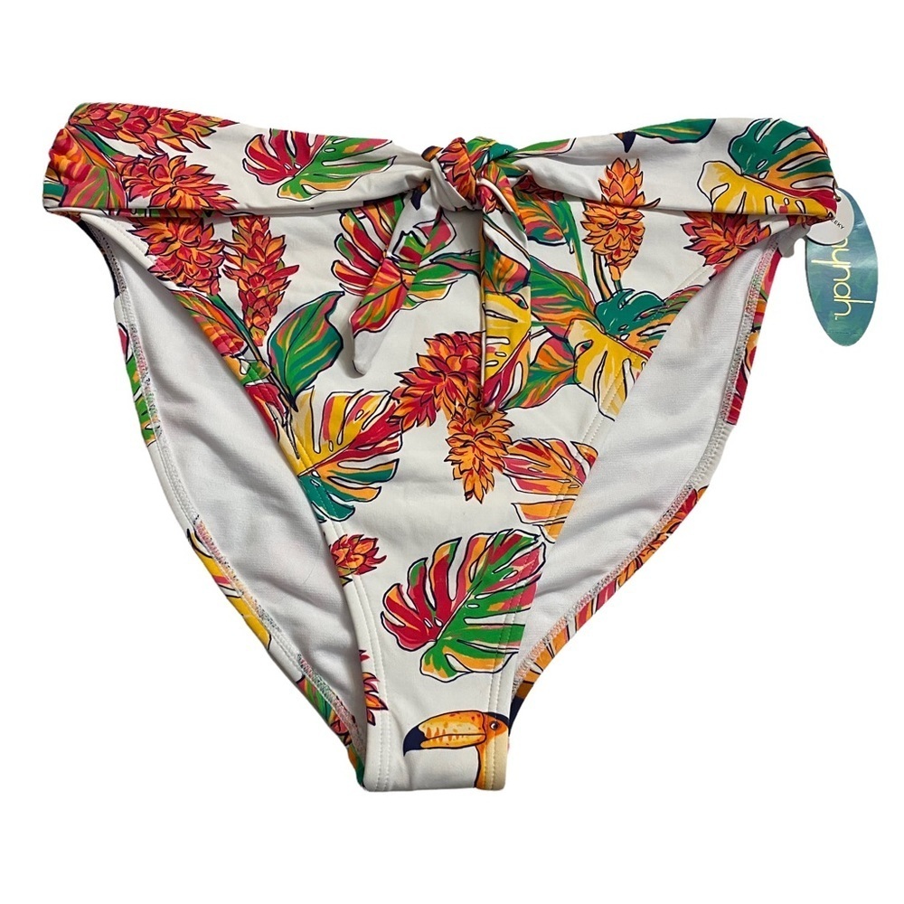 Mynah High Rise High Leg Cheeky Tropical Swim Bottoms Front Knot Detail Large